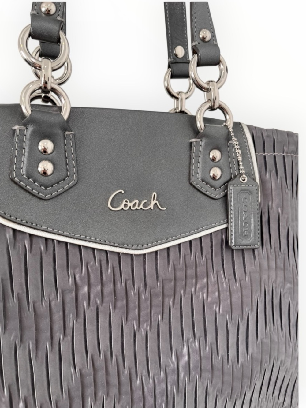 Coach 2012 Ashley Gathered Satin Carryall Satchel Silver/Grey NWOT - Picture 2 of 9